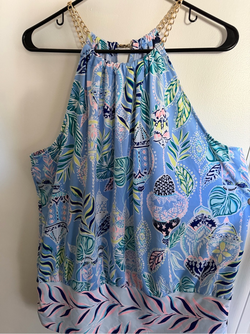 Lily Pulitzer Bowen halter top with chain sleeves.